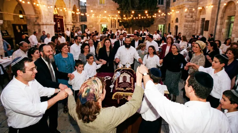חגיגה יהודית משפחתית בירושלים: ריקודים במעגל סביב ספר תורה בחצר אבן עתיקה מוארת.