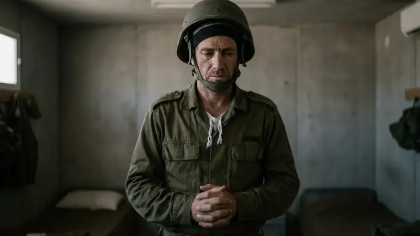 חייל צה"ל מבוגר חובש קסדה וכיפה, עומד בתנוחת תפילה או הרהור בתוך חדר בטון דל