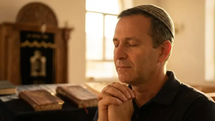 גבר יהודי מבוגר עם כיפה, מתפלל בכוונה בבית כנסת, ברקע ארון קודש