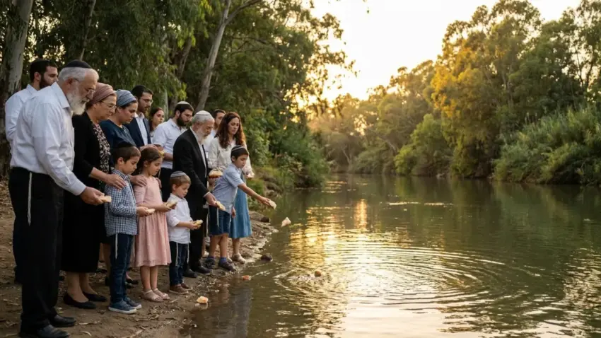 טקס תשליך בראש השנה: משפחה יהודית רב-דורית משליכה פירורי לחם לנהר