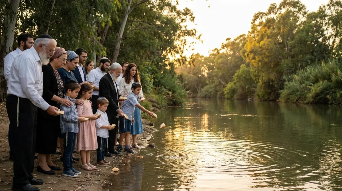 טקס תשליך בראש השנה: משפחה יהודית רב-דורית משליכה פירורי לחם לנהר