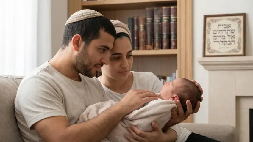 זוג דתי, איש עם כיפה ואישה עם כיסוי ראש, מחזיקים תינוק שרק נולד בסלון ביתם