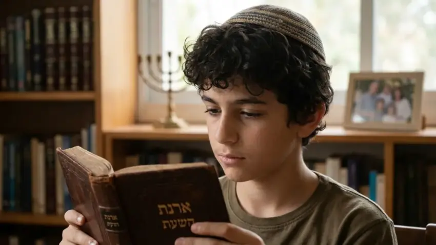 ילד יהודי צעיר חובש כיפה קורא בריכוז מתוך סידור תפילה ישן על רקע ספרייה ומנורה.