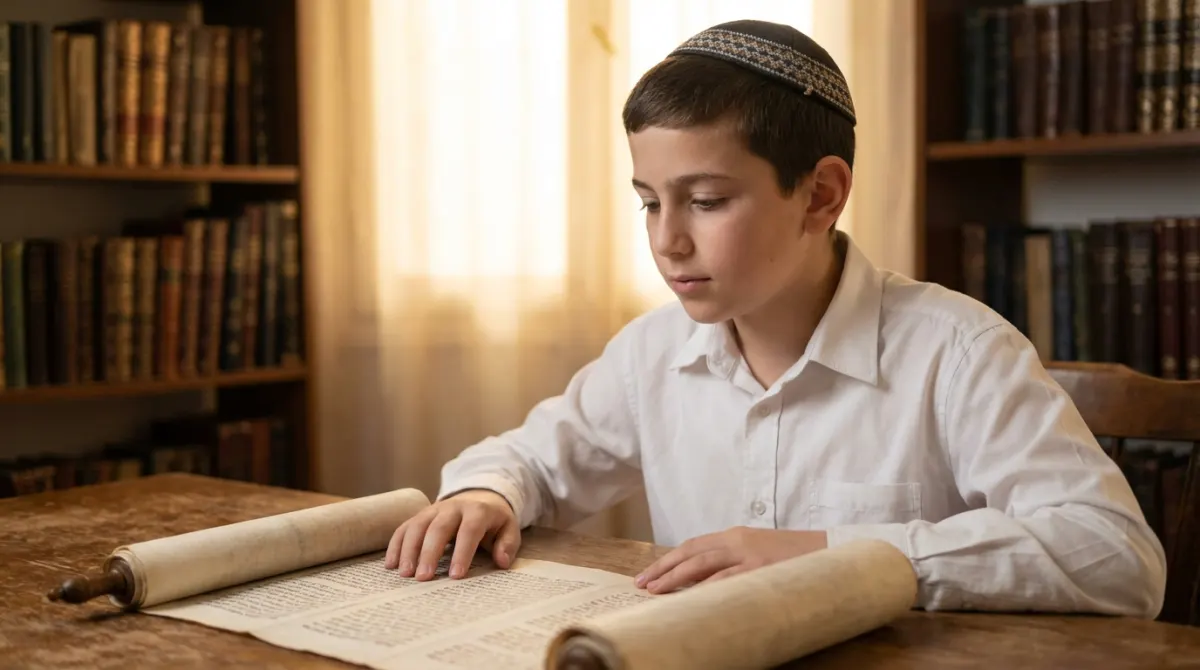 ילד יהודי חובש כיפה קורא במגילת קלף עתיקה, יושב ליד שולחן עץ בחדר מלא ספרי קודש.