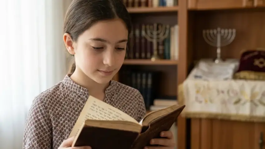 נערה צעירה קוראת בריכוז מתוך סידור תפילה עתיק בחדר עם רקע של ארון ספרי קודש ומנורה