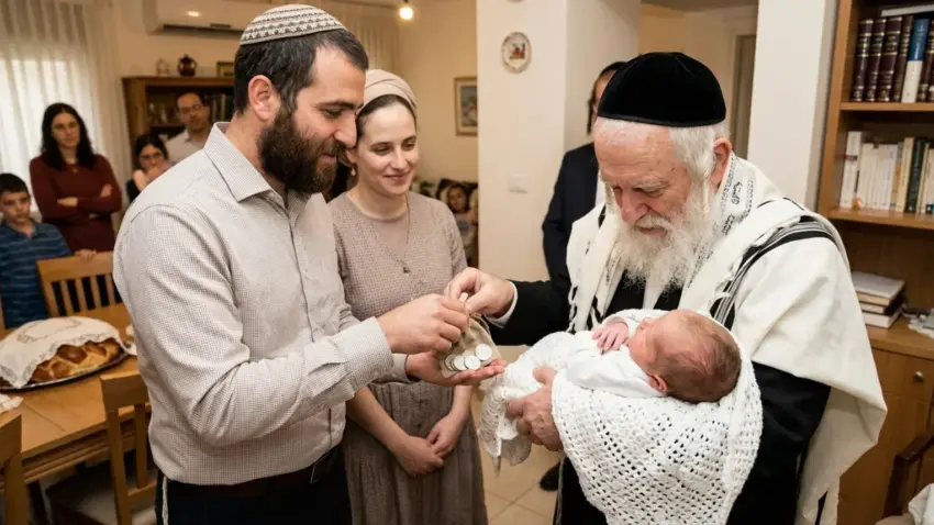 טקס פדיון הבן: האב מעביר את חמשת הסלעים (מטבעות) לכהן המחזיק בתינוק הבכור, בנוכחות האם ובני המשפחה.