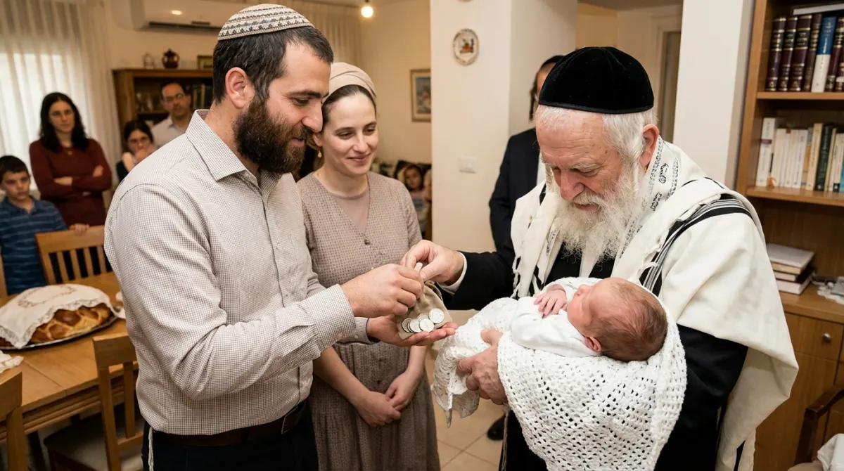 טקס פדיון הבן: האב מעביר את חמשת הסלעים (מטבעות) לכהן המחזיק בתינוק הבכור, בנוכחות האם ובני המשפחה.