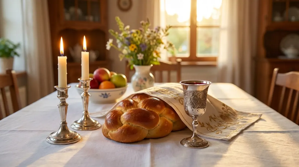 שולחן שבת מסורתי ערוך עם שני נרות דולקים בפמוטי כסף, חלה קלועה מכוסה בכיסוי רקום, גביע קידוש מכסף, וקערת פירות בחדר אוכל מואר באור יום חמים.