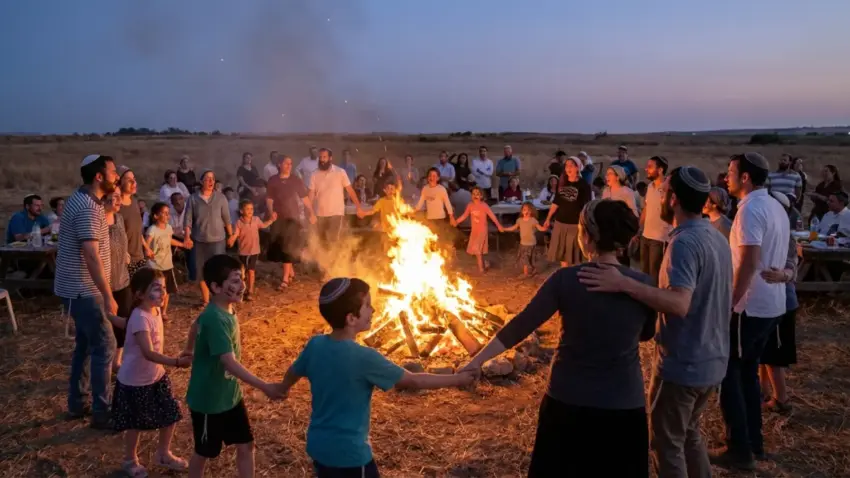 קבוצת אנשים דתיים, מבוגרים וילדים, רוקדים במעגל יד ביד סביב מדורה בוערת בשעת ערב בשדה פתוח
