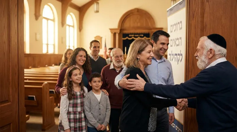 רב מבוגר מקבל בברכה משפחה רב-דורית בכניסה לבית הכנסת, ליד שלט "ברוכים הבאים לקהילה".