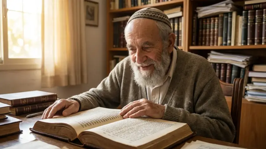 אדם מבוגר בעל זקן לבן וכיפה לומד בספר תורני פתוח בחדר עמוס ספרים