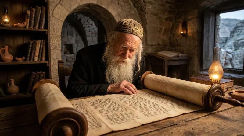 גבר מבוגר בעל זקן לבן וחובש כיפה קורא בעיון בספר תורה פתוח המונח על שולחן עץ בחדר אבן עתיק, לאור עששית.