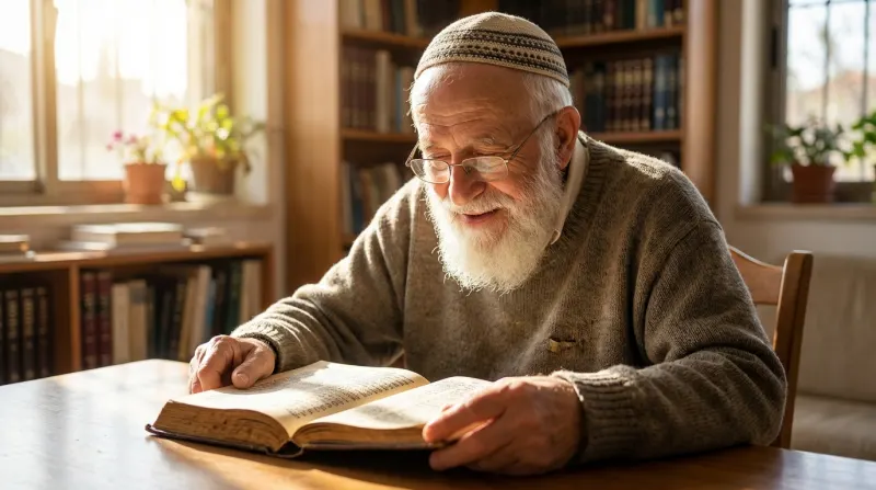 אדם מבוגר עם כיפה, משקפיים וזקן לבן מחייך בעת קריאה בספר עב כרס ליד שולחן עץ בחדר מואר.