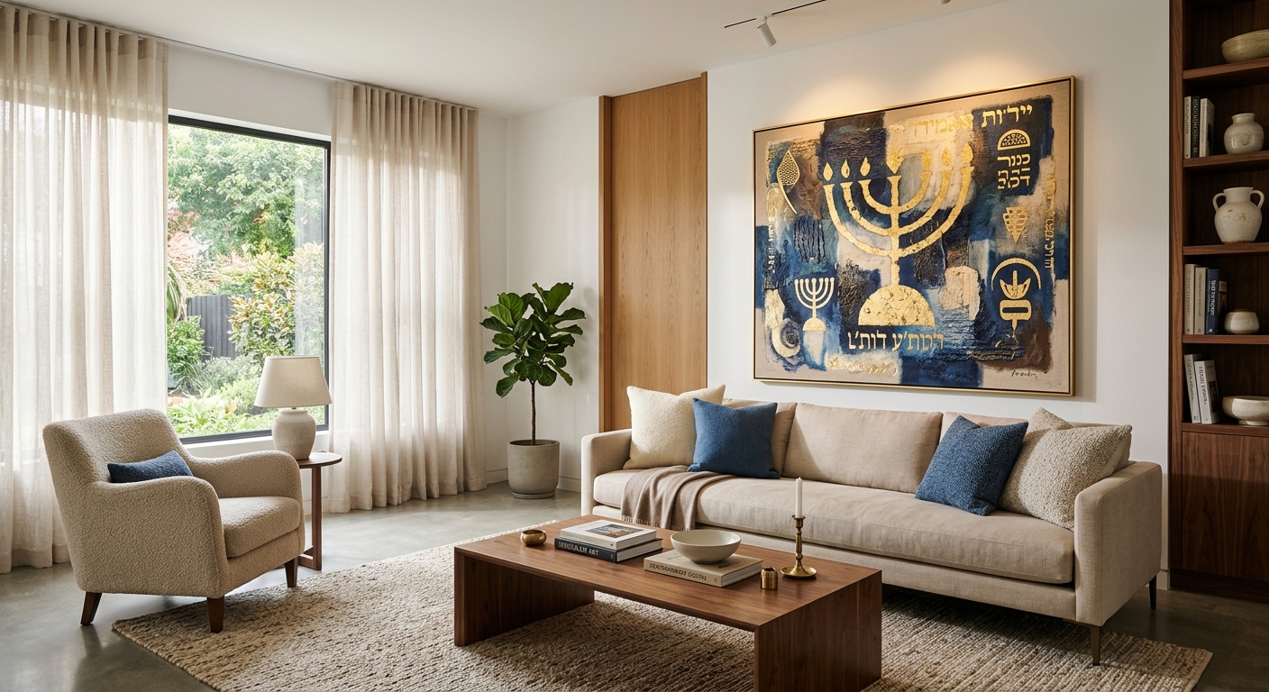 סלון מעוצב בסגנון מודרני עם ציור קיר גדול של מנורת שבעת הקנים בצבעי כחול וזהב תלוי מעל ספה בהירה